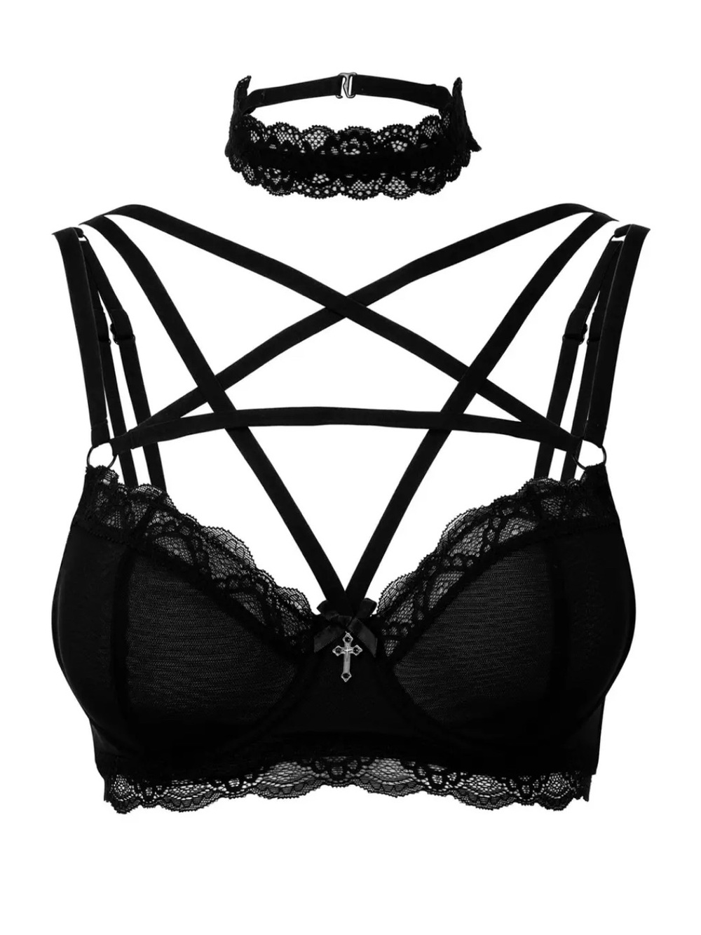 Killstar She Bites Black Lace Mesh Pentagram Bralette Bra Size M